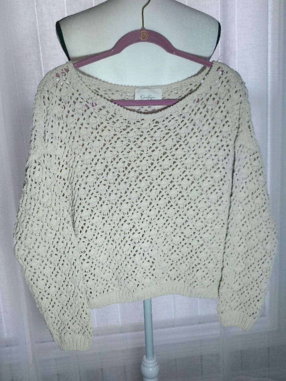 JESSICA SIMPSON Sweater Crochet Cropped Cream Open Weave L